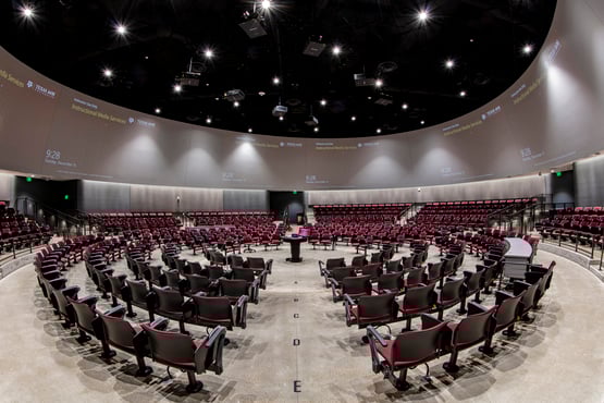 A lecture hall with a large dome where immersive experiences can be projected for educational purposes.