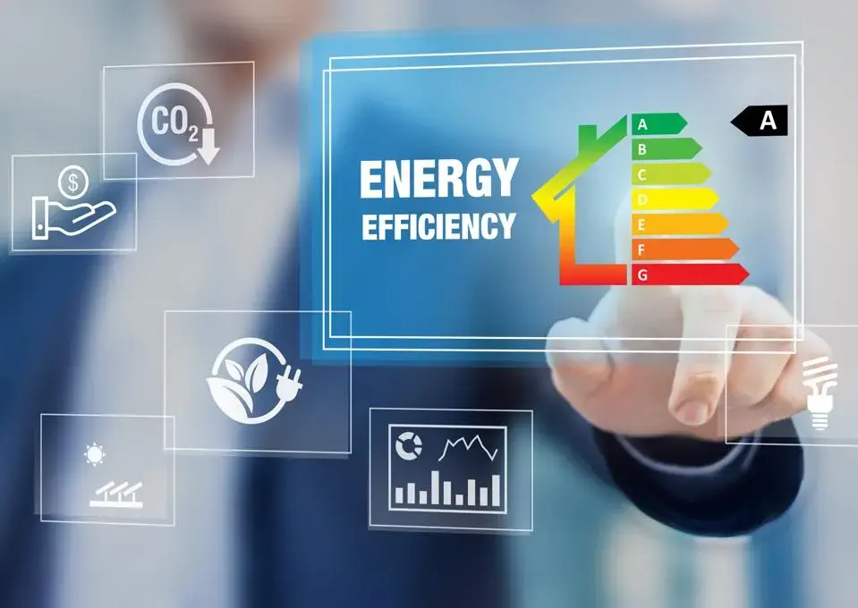 Energy efficiency rating and eco home renovation insulation performance, low consumption ecological house, sustainable development concept with expert touching icon on screen