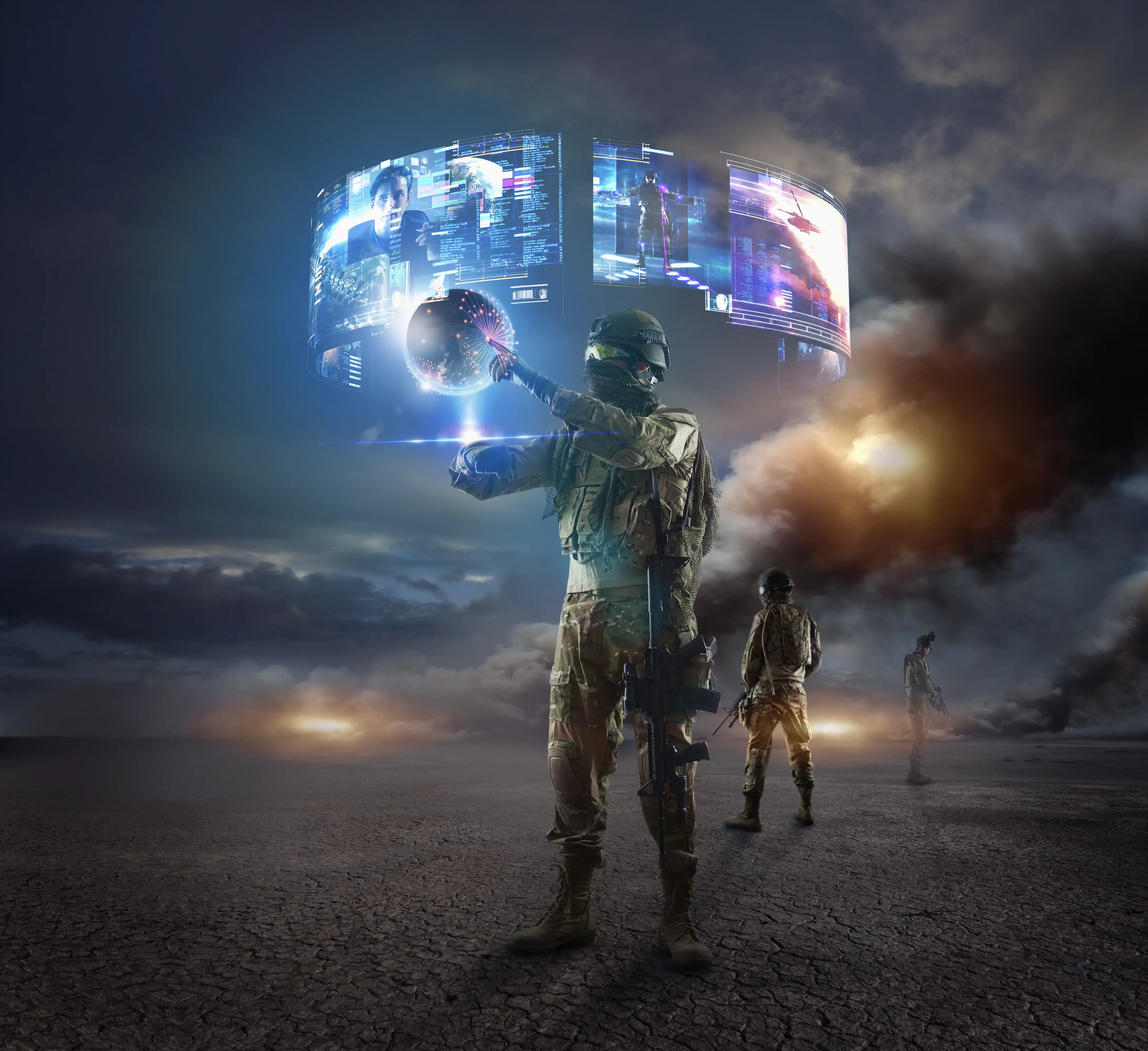 Caucasian soldier using holographs in combat zone