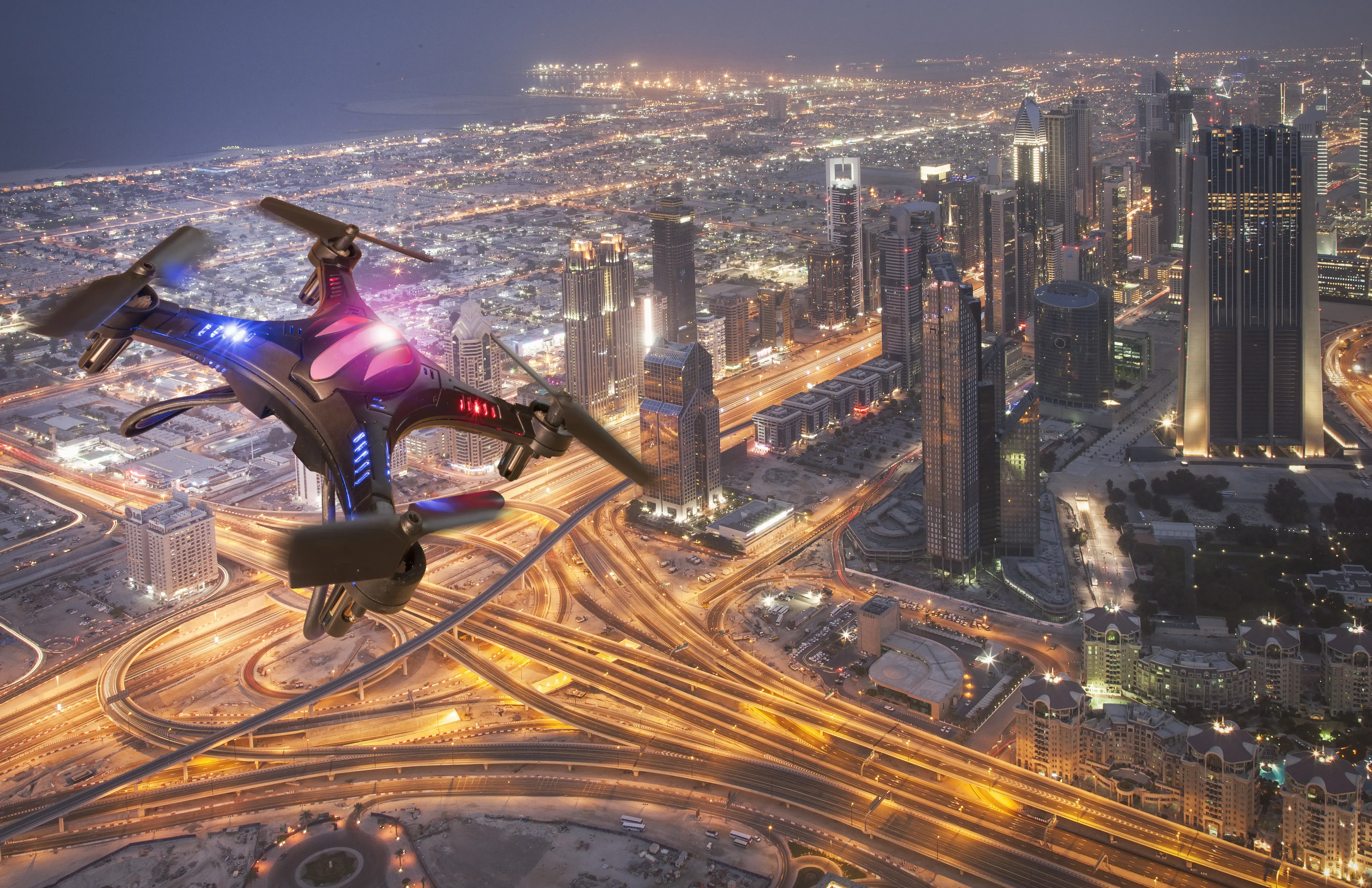 Drone flying over a futuristic city