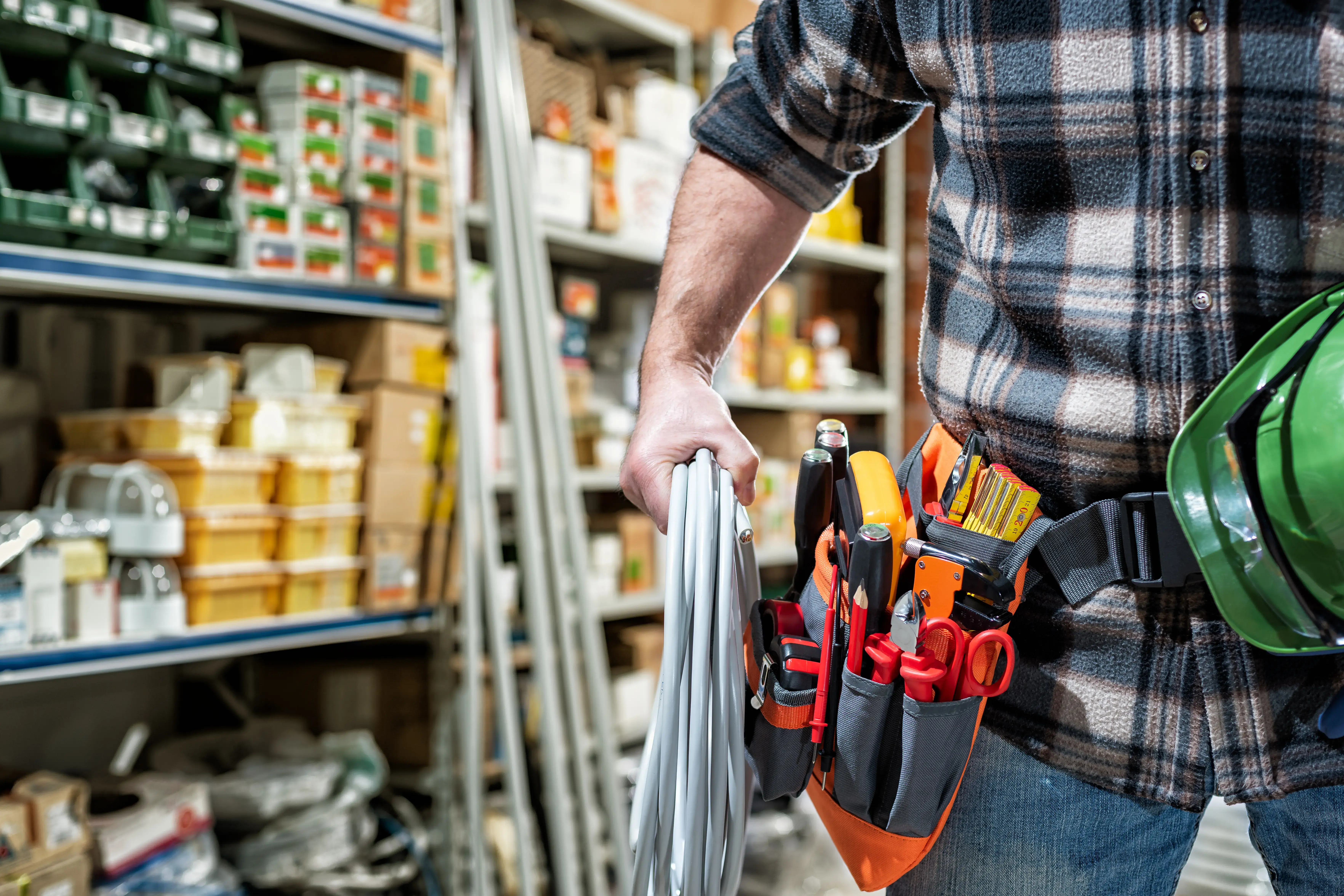 Electrician in the store of electrical components. Electricity.