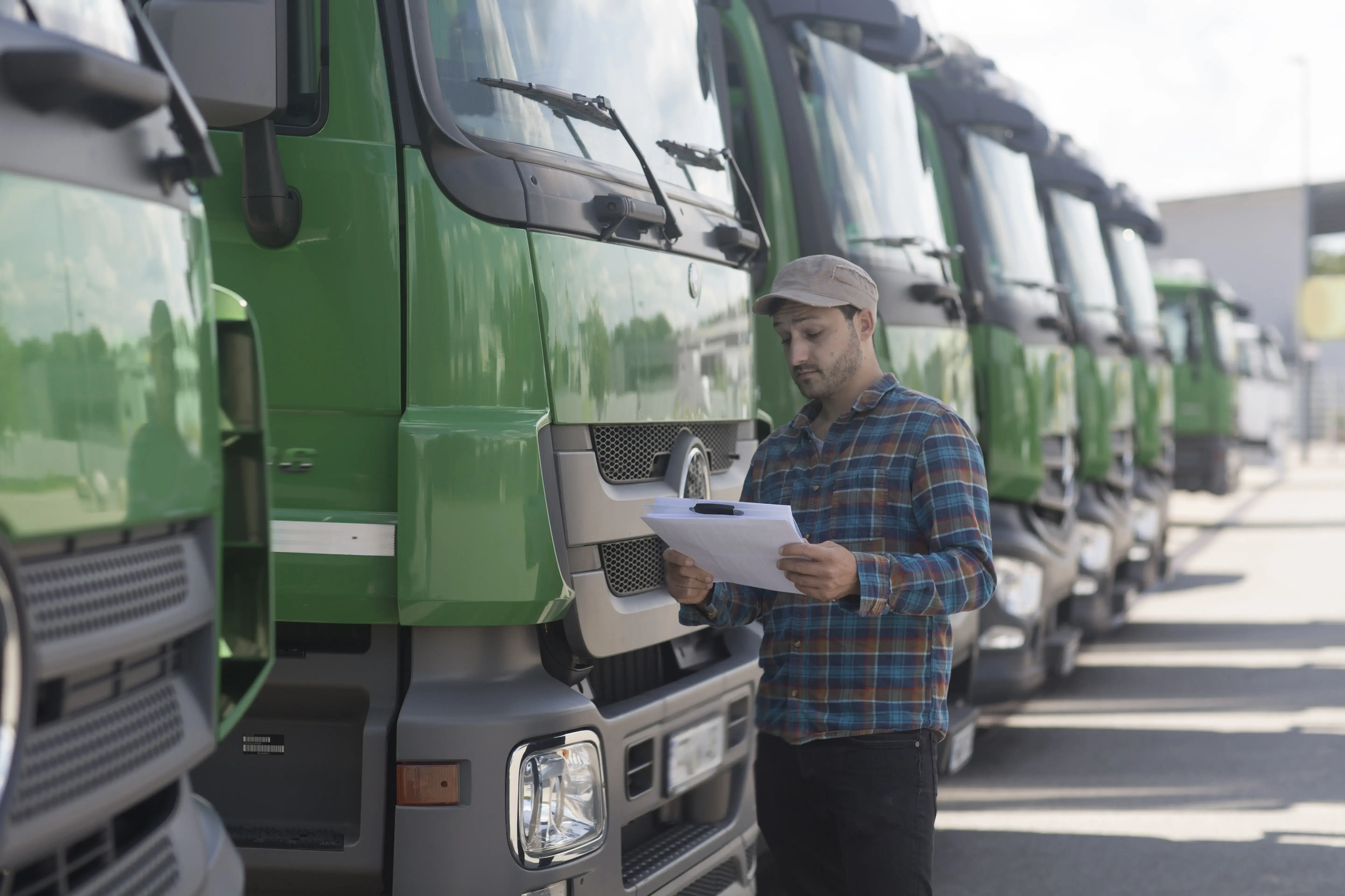 Man by fleet of trucks looking at paperwork