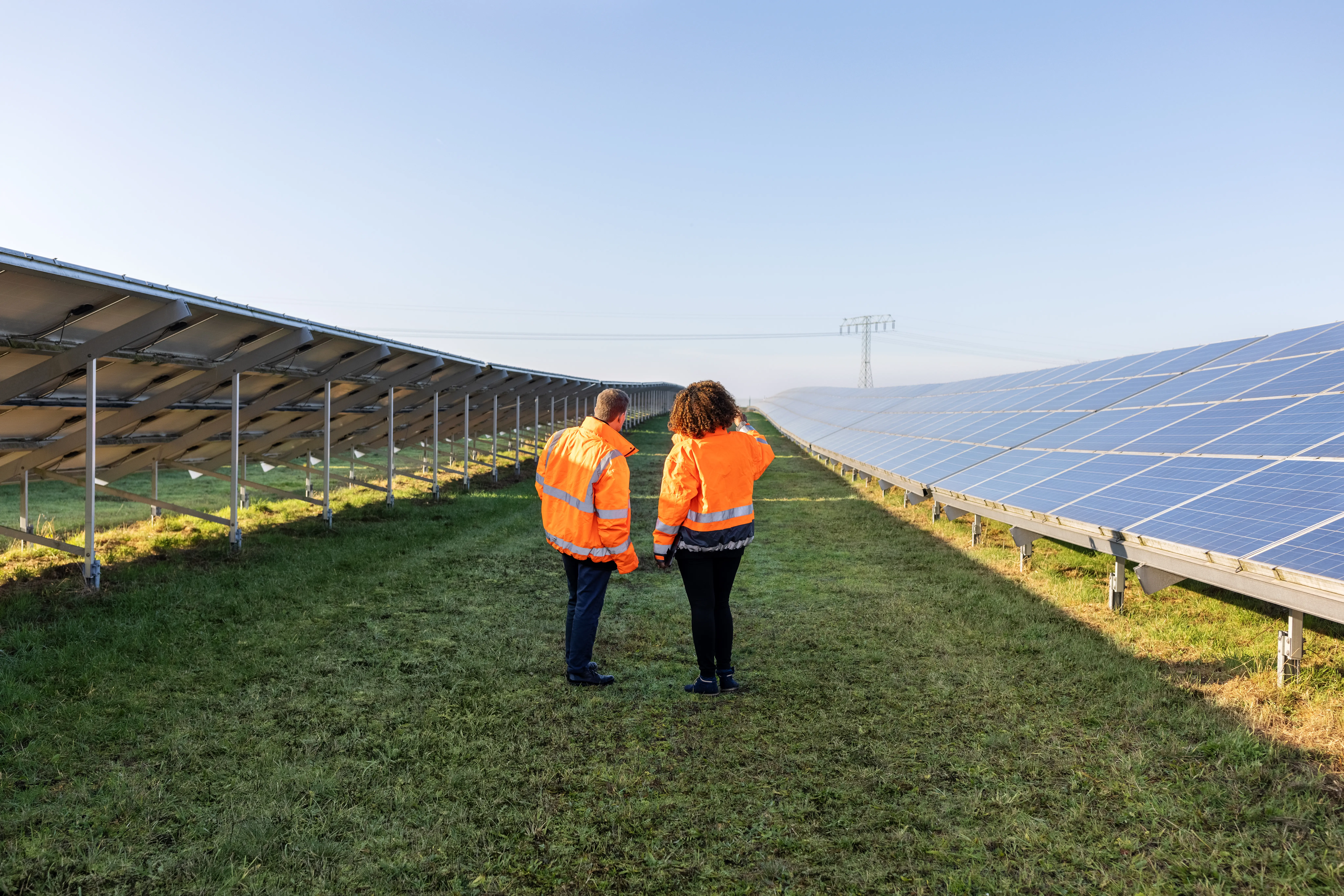 Rear view of a pair of engineers working at solar farm