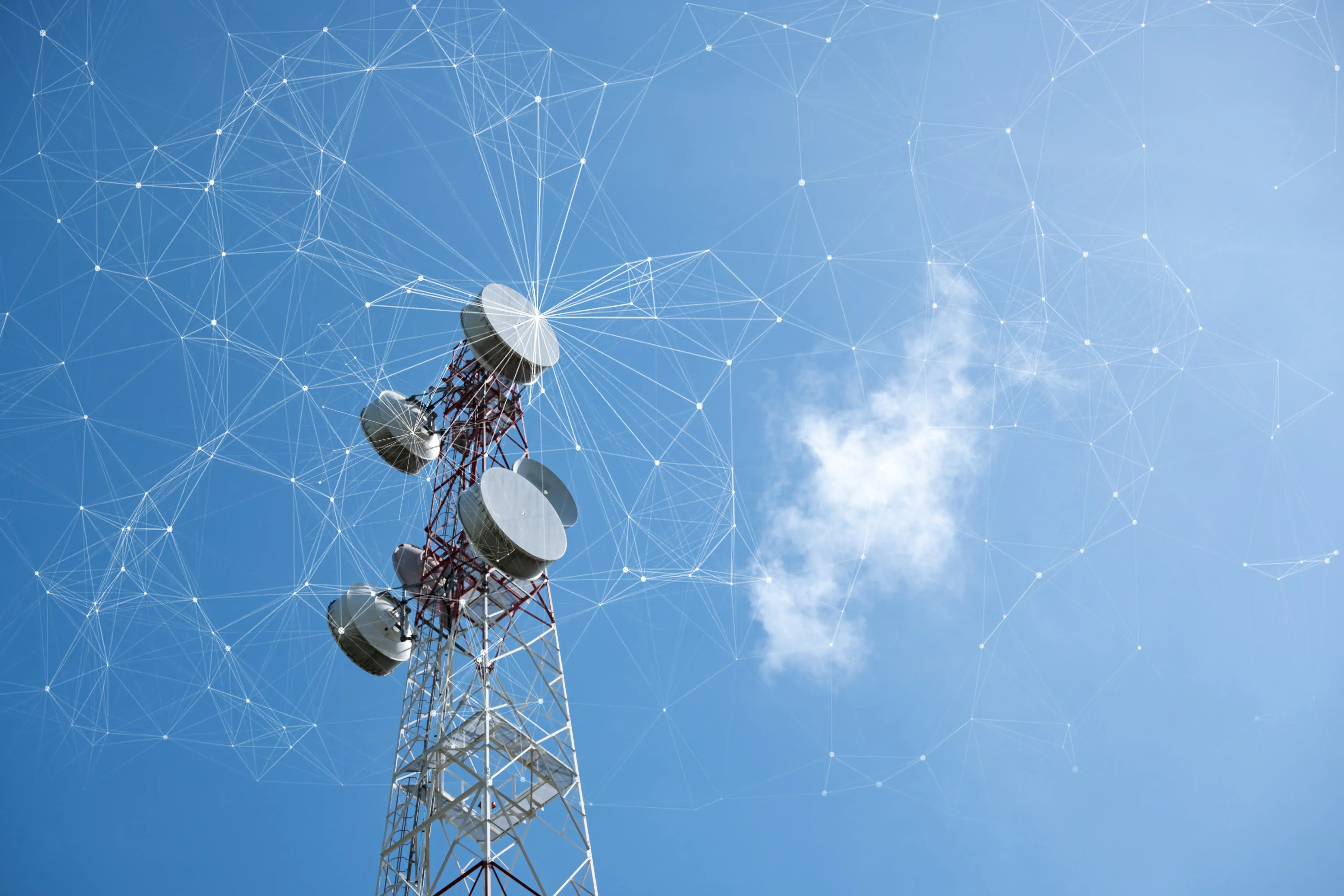 Telecommunication tower with mesh dots, glittering particles for wireless telecommunication technology