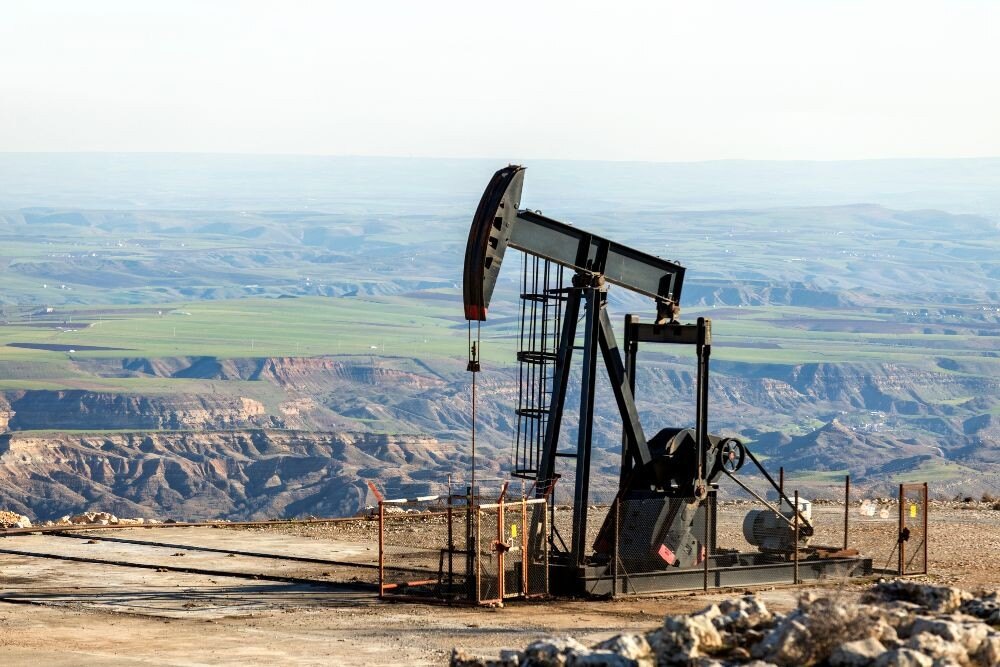 View of pumpjack in the oil well of oil field